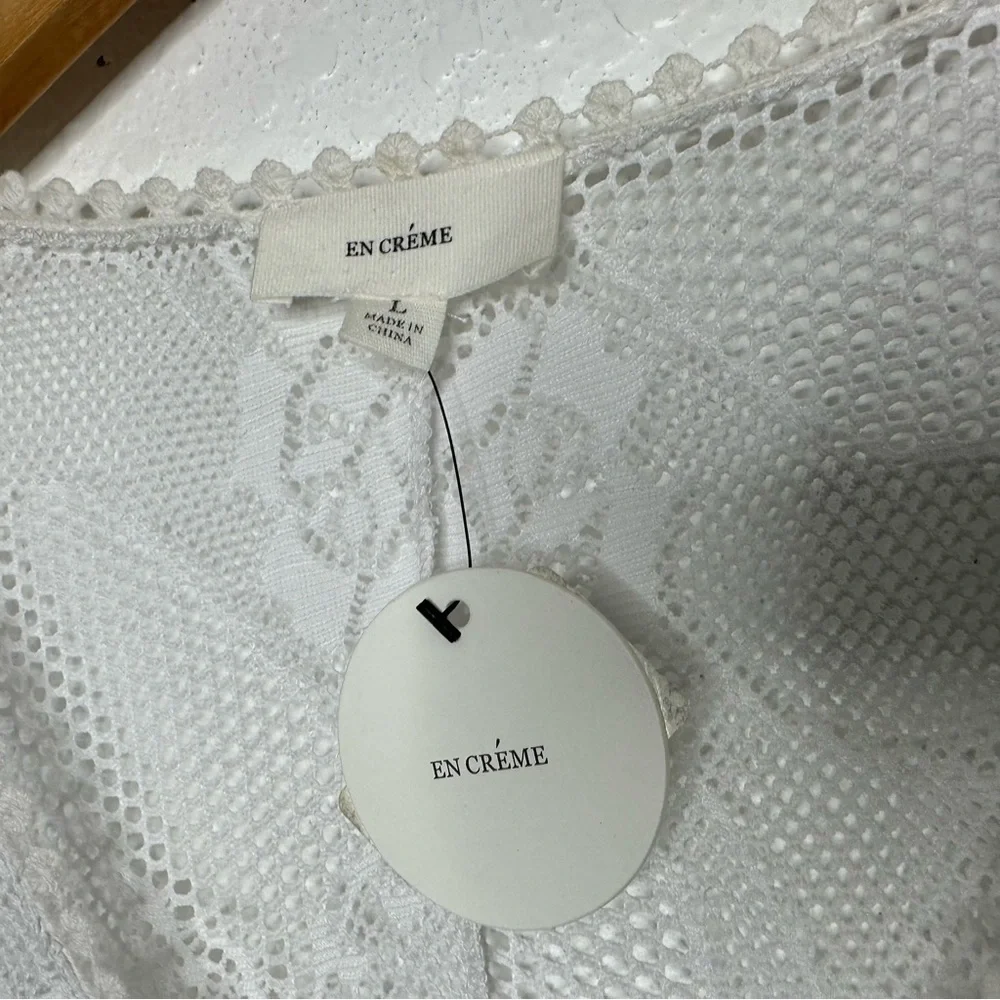 En Creme Womens Lace Swim Coverup Dress Sz Large White Bobble Trim